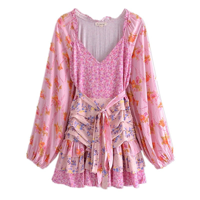 Patchwork Floral Print Lantern Sleeve Dress Vintage Ruched Pleated Waist Ruffles