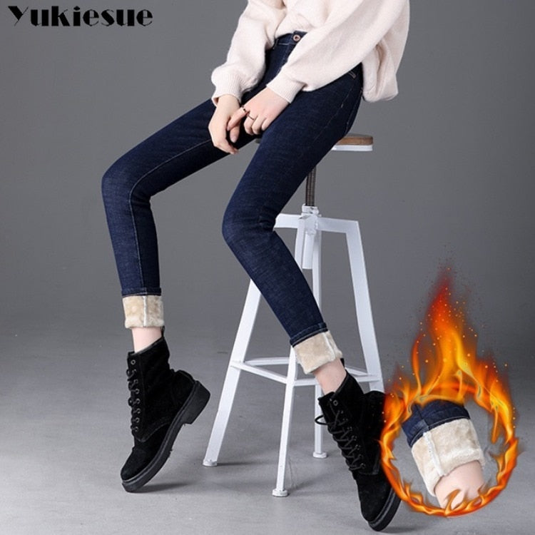 Thick Winter Warm Skinny Jeans for Women Female High Waist Velvet