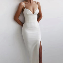 Women White Bodycon Bandage Dress V Neck Spaghetti Strap