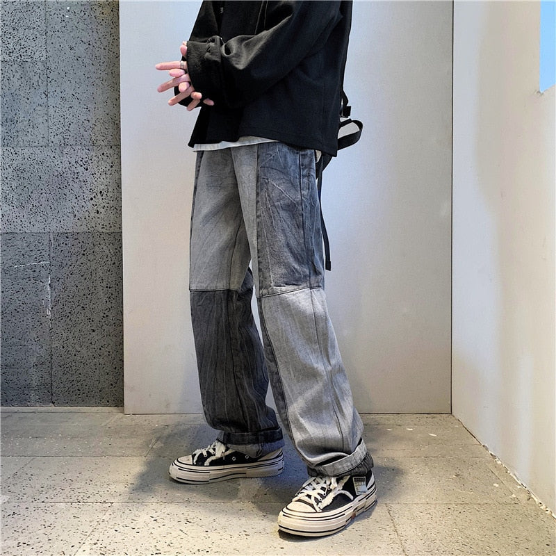 Korean Style Fashion Men Denim Wide-leg Pants Autumn Loose