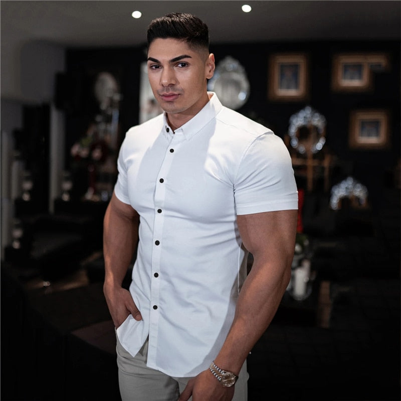 Men Fashion Casual Short Sleeve Solid Shirt Super Slim Fit Male Social