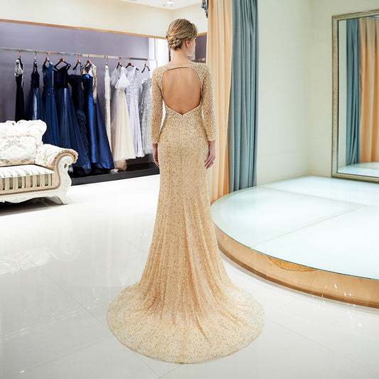 Evening wear Dresses: Gold Evening Dress Mermaid Long Sleeve Keyhole Hollow Back