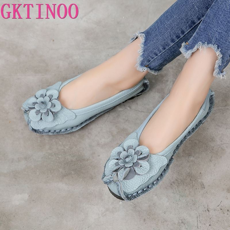Soft Genuine Leather Flat Shoes Women Flats with Flowers Ladies Shoes