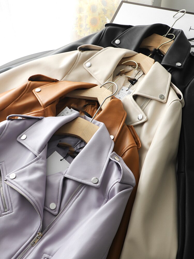 Spring Autumn Women Zippers V-neck Faux Leather Jacket