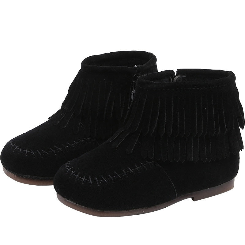 Fringes Girls Ankle Boots Princess Sweet Red Pink Black Flock Fabric Warm Rubber