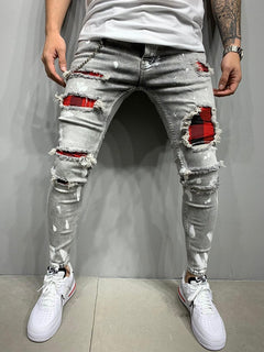 Men Skinny Jeans Quilted Embroidered jeans Ripped Grid Stretch Denim Pants