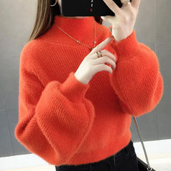 Thick Mohair Women Sweaters Turtleneck Soft Lantern Sleeve Short Pullovers