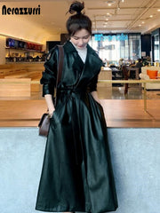 Spring Black Oversized Long Waterproof Leather Trench Coat