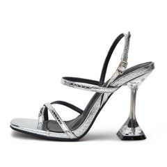 Silver Back Strap Sandals Transparent Perspex Heel Spike High Heels