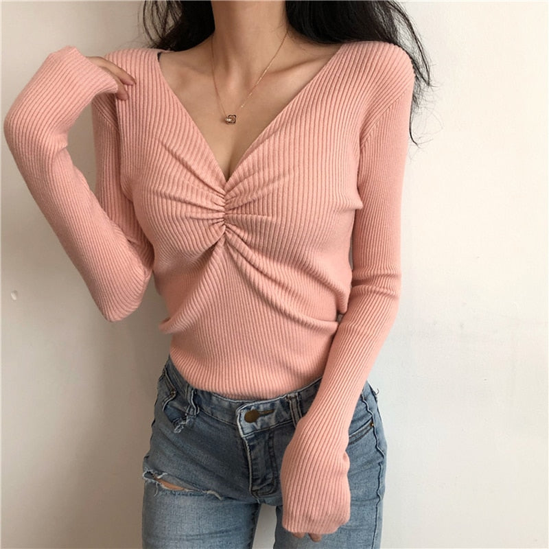 V Neck Women Sweater Autumn Knitted Pullover Jumper