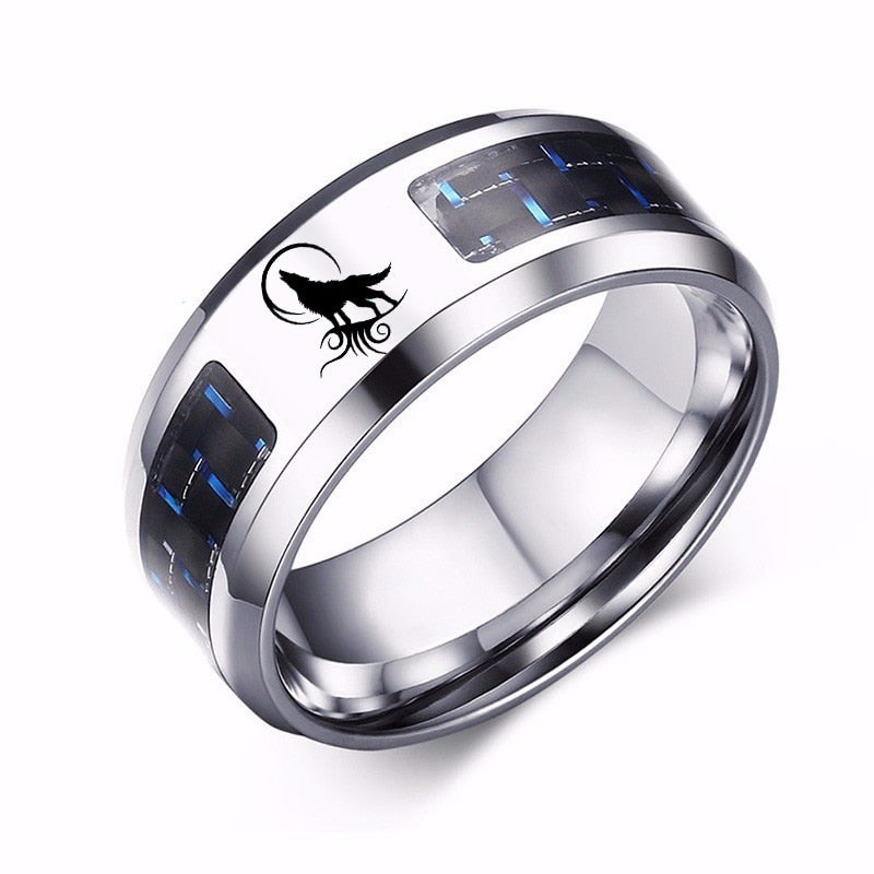 Laser Engraved Wolf Men Ring for Men Stainless Steel Blue Carbon Fibre 8mm