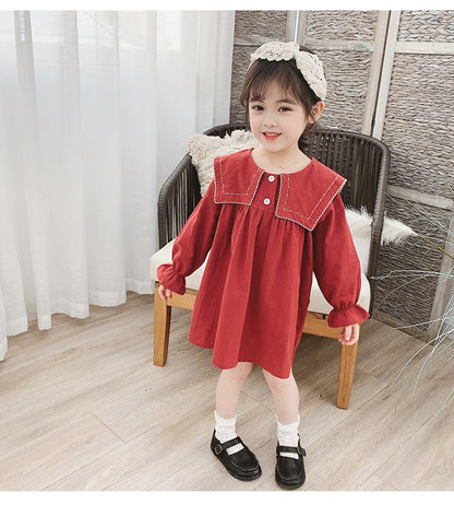 Girls Dress Autumn Big Lapel Sweet Long-Sleeved Dress Children Baby Kids