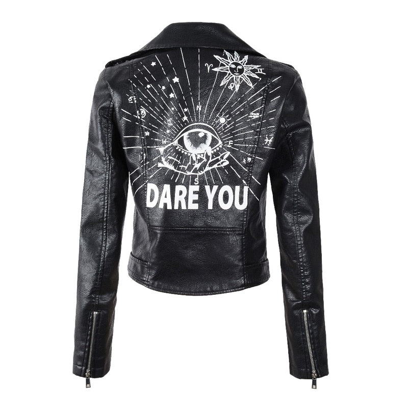 Spring  Women Faux Leather Jacket Turn-Down Collar Letter