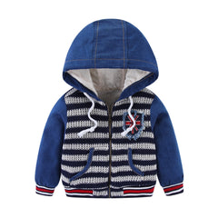 Mudkingdom Fleece Denim Jackets for Boy Hooded Skull Pattern Patchwork