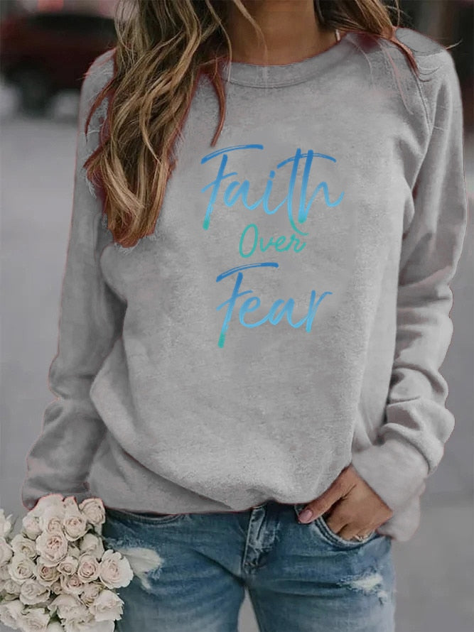 Women Hoodie Faith Over Fear Letter Printed Hoodies Women Fleece Long