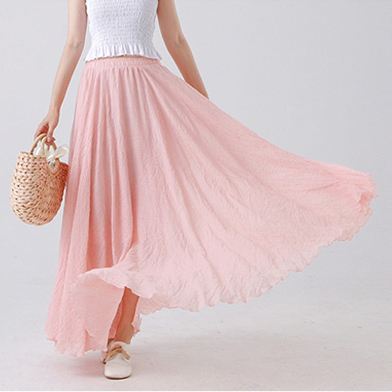 Cotton Linen Maxi Skirt Womens Casual Elastic High Waist Pleated
