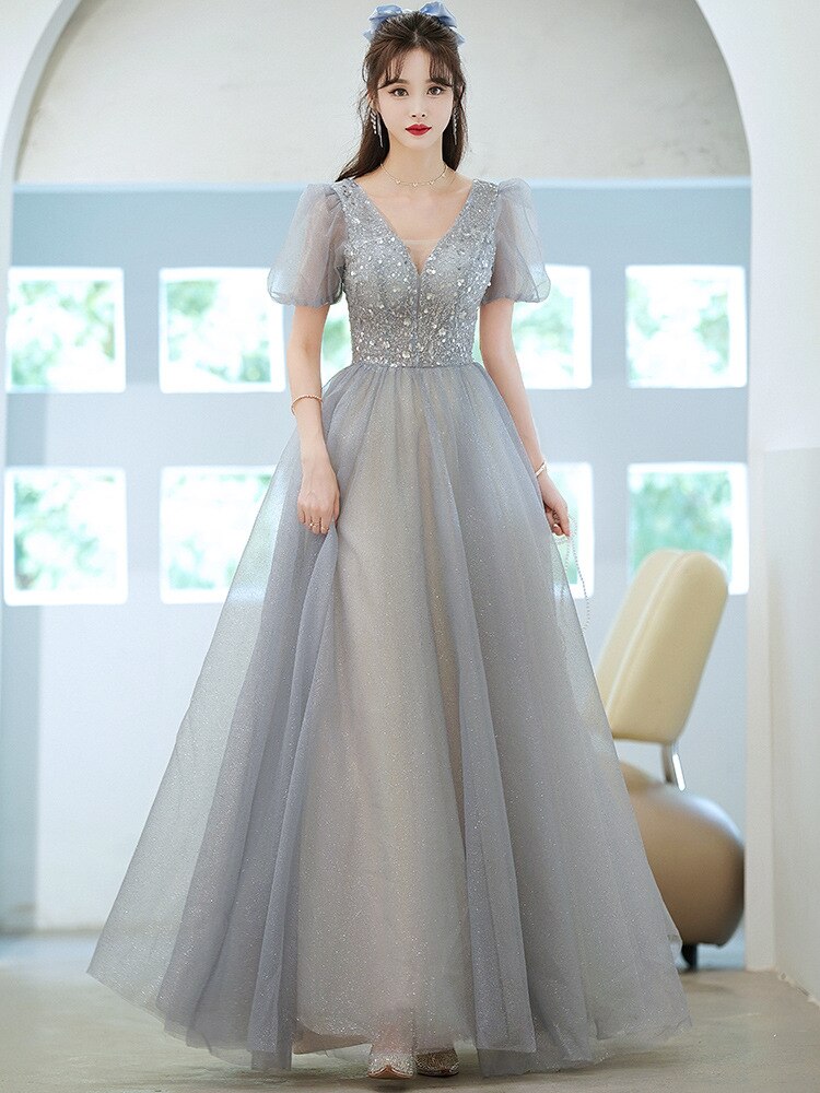 Evening wear Dresses: Formal Evening Prom Dress Gorgeous V Neck Puff Sleeve