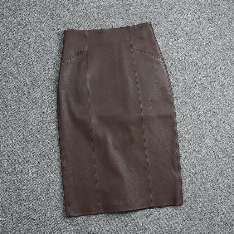 TOP Grade Women Tight Skirts Ladies Stretch 100% Leather Jupe Femme Back Split
