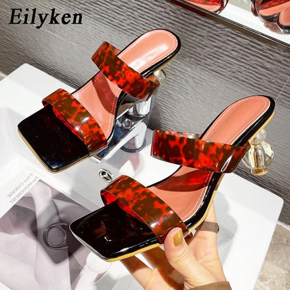 Square Toe Ladies Slippers PVC Transparent Crystal Strange Style Clear Heel