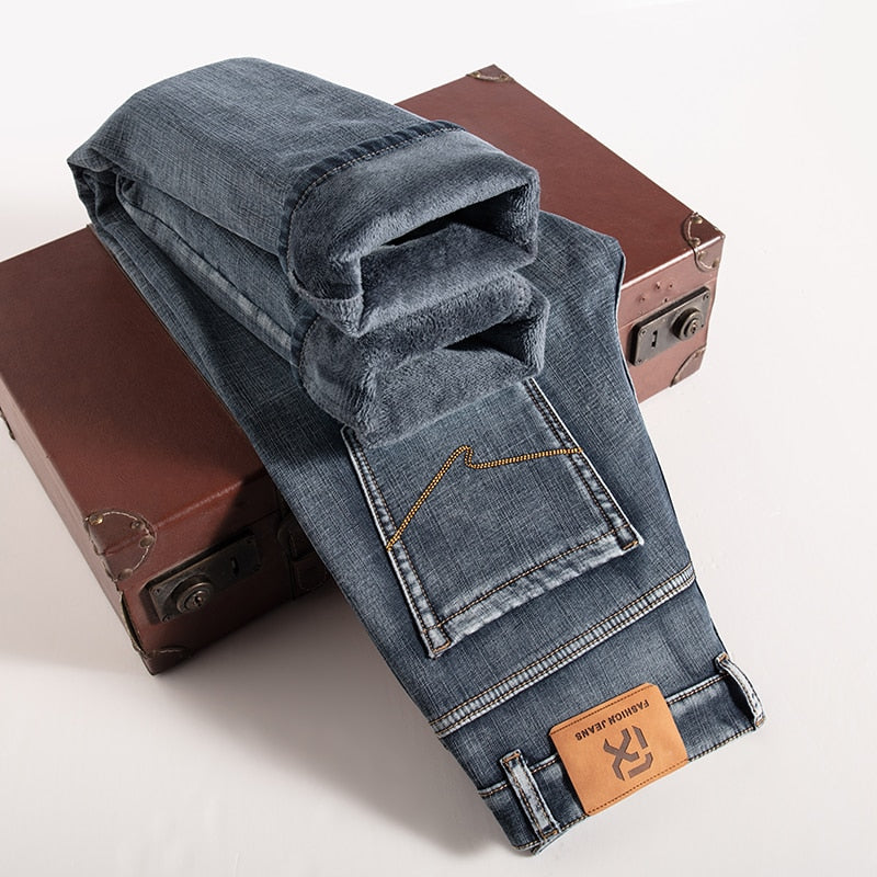 Men Fleece Warm Jeans Classic Style Business Casual Regular Fit Thicken Stretch