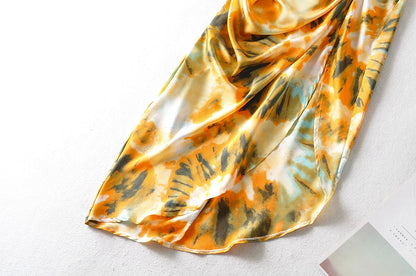 Women Vintage Yellow Tie dye Flower print  Spaghetti Strap Dress