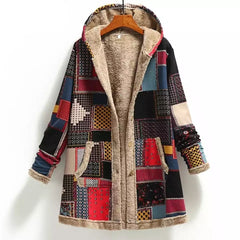 Winter Vintage Women Coat Warm Printing Thick Fleece Hooded Long Jacket
