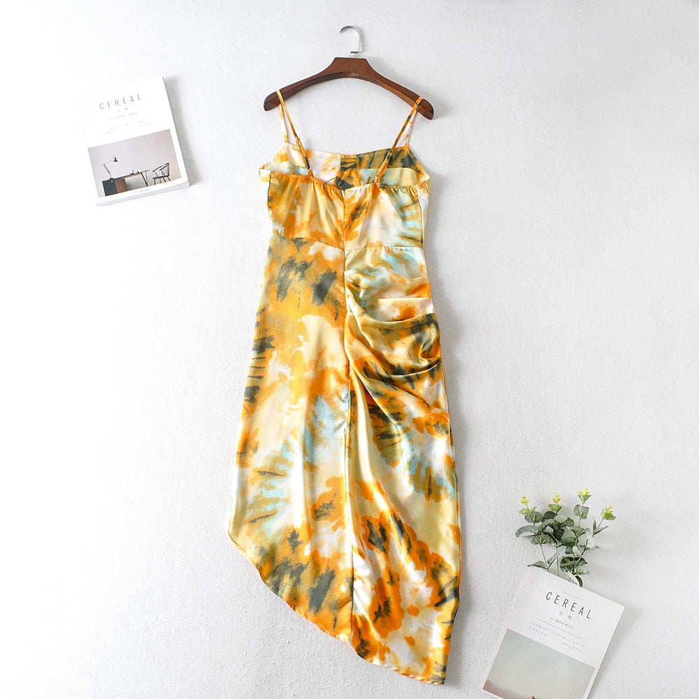 Women Vintage Yellow Tie dye Flower print  Spaghetti Strap Dress