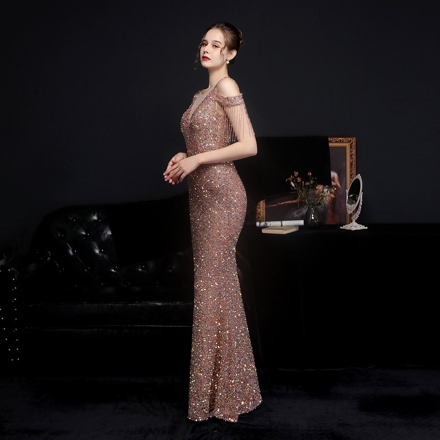 Evening wear Dresses: Elegant Gold Sequin Women Mermaid Evening Dress