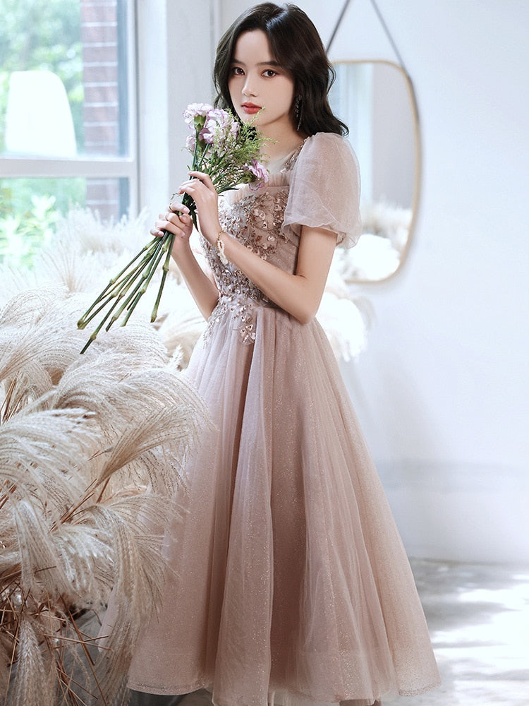 Evening wear Dresses: Elegant Sequins Bridesmaid Dress Short Sleeve