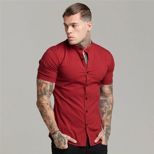 Summer Man Short Sleeve Shirt Solid Fitness Mens Stand