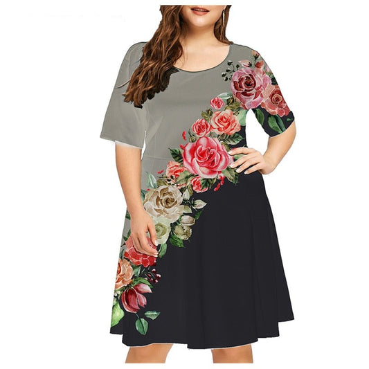 Summer 3D Flower Print Bohemian Dress Women Short Sleeve Mini Dress