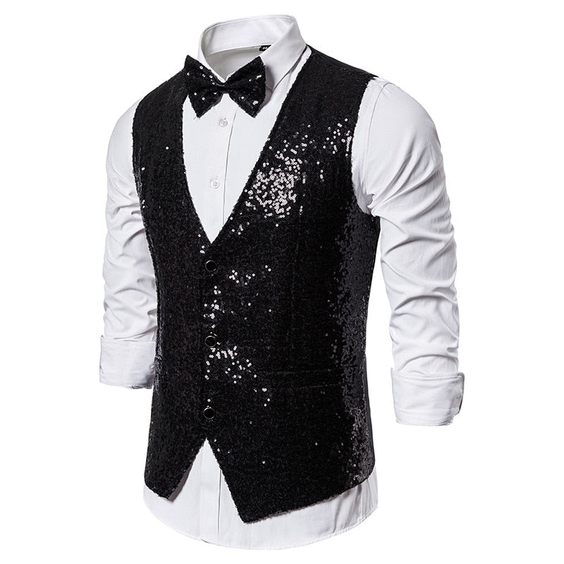 Shiny Gold Sequin Sparkling Waistcoat Men Slim Fit V Neck 2 Pieces Mens Vest