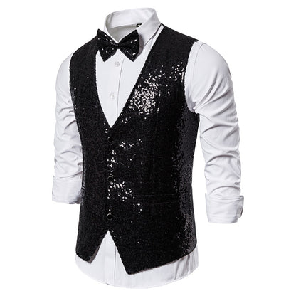 Shiny Gold Sequin Sparkling Waistcoat Men Slim Fit V Neck 2 Pieces Mens Vest