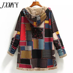 Winter Vintage Women Coat Warm Printing Thick Fleece Hooded Long Jacket