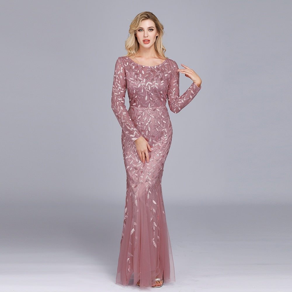 Evening wear Dresses: O Neck Full Sleeve Lace Appliques Tulle Long Party Gown