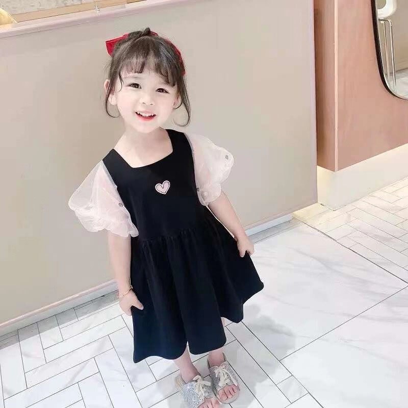 Summer Girls Dress Net Yarn Stitching Puff Sleeve Splicing Love Sweet Princess