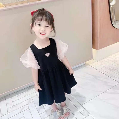 Summer Girls Dress Net Yarn Stitching Puff Sleeve Splicing Love Sweet Princess