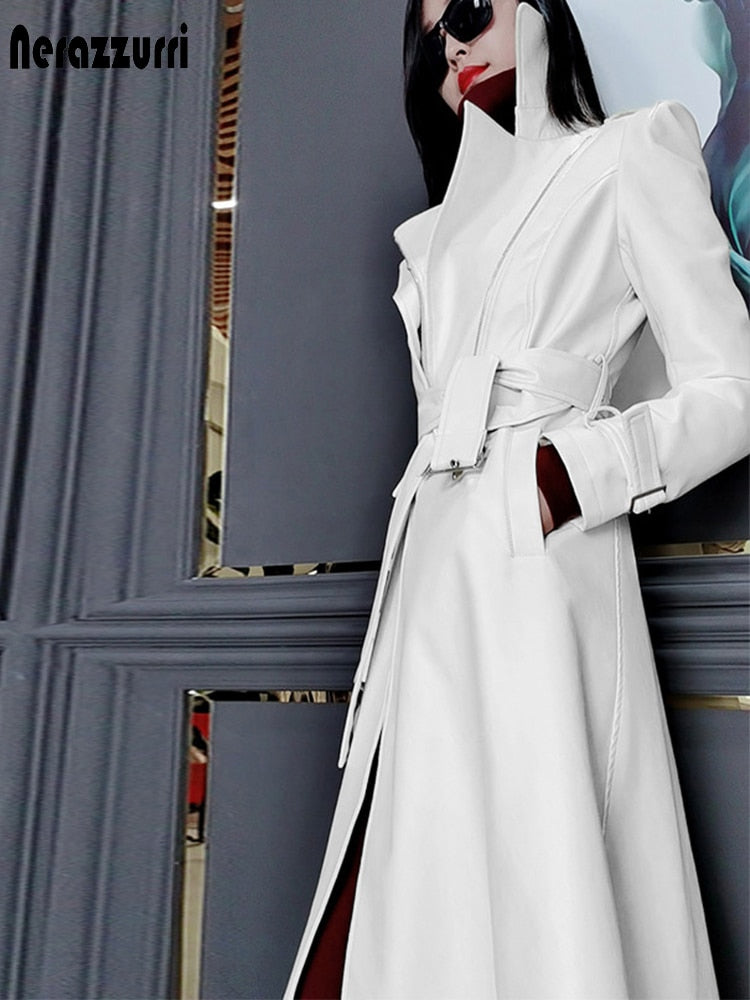 Nerazzurri Spring Runway White Long Leather Trench Coat for Women