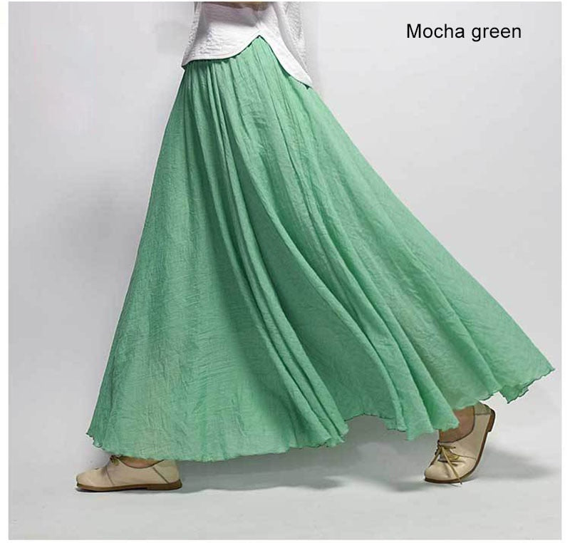 Women Elegant High Waist Linen Maxi Skirt Summer Ladies Casual