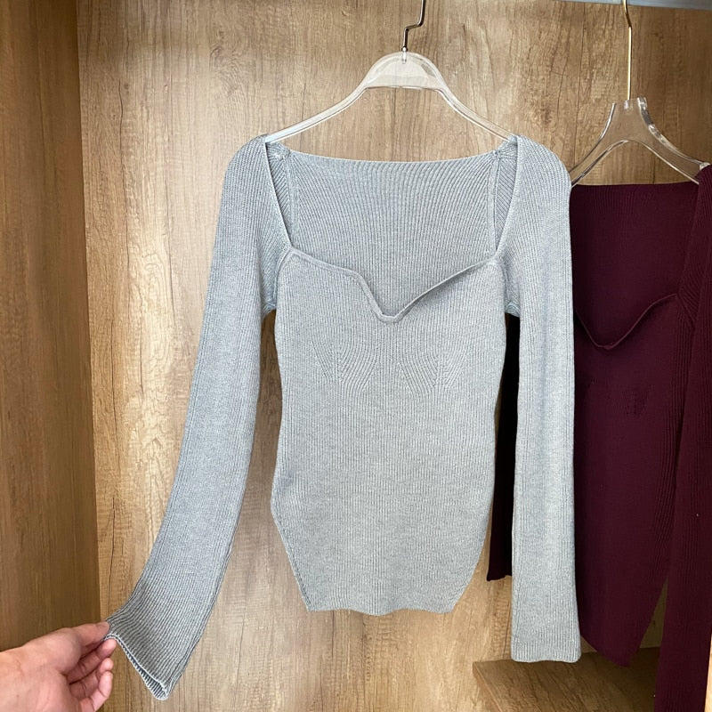 Square Collar Long Sleeve Woman Sweaters Knitted Pullover Women