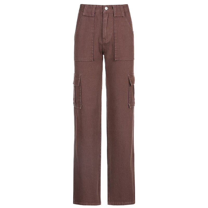 Rockmore Brown Vintage Baggy Jeans Women High Waist Pocket Cargo Pants