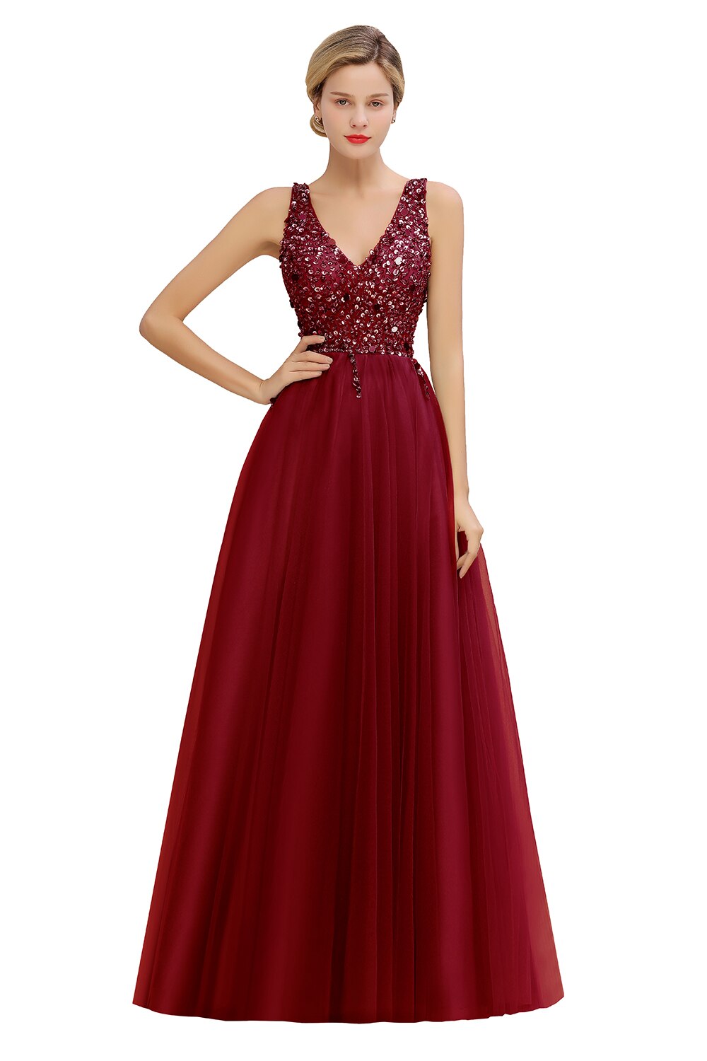 Homecoming Dresses: V-neck Prom Dresses Long Backless Sequins Prom