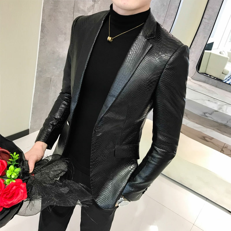 Tuxedo for Mens: Men Suit Black Slim Fit Blazer Hombre PU Leather Jacket Male