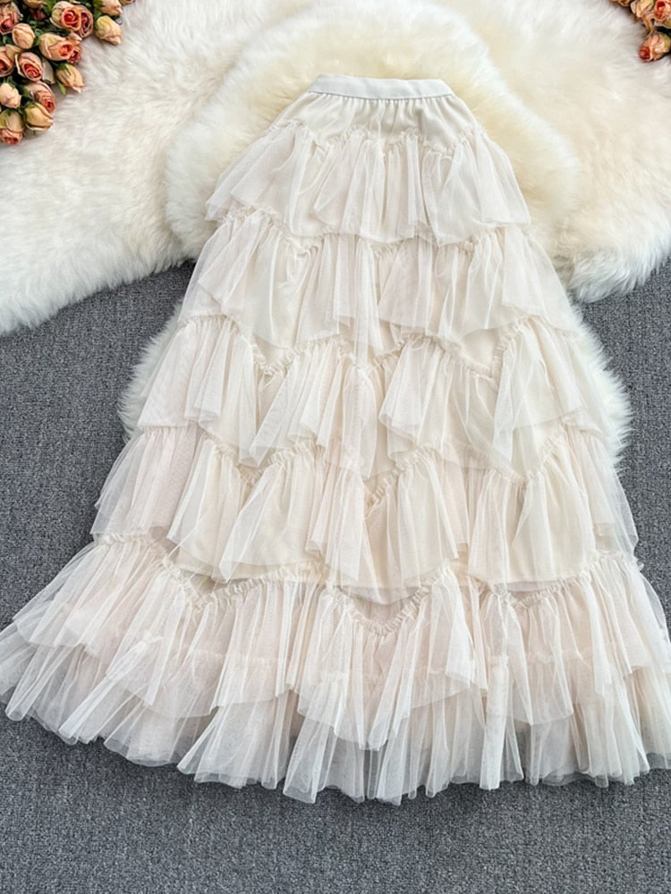 Tutu Tulle Long Skirts Womens Spring Korean Solid A Line High Waist