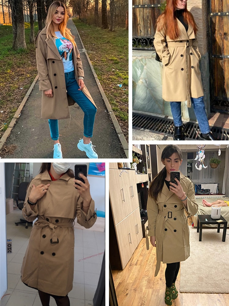 Autumn Winter Elegant Women Double Breasted Solid Trench Coat