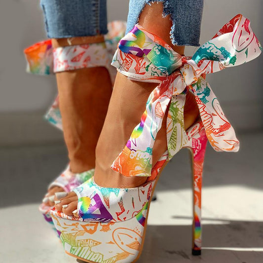 Shoes Print Super Thin High Heels Shoes Sandals Women Summer Party