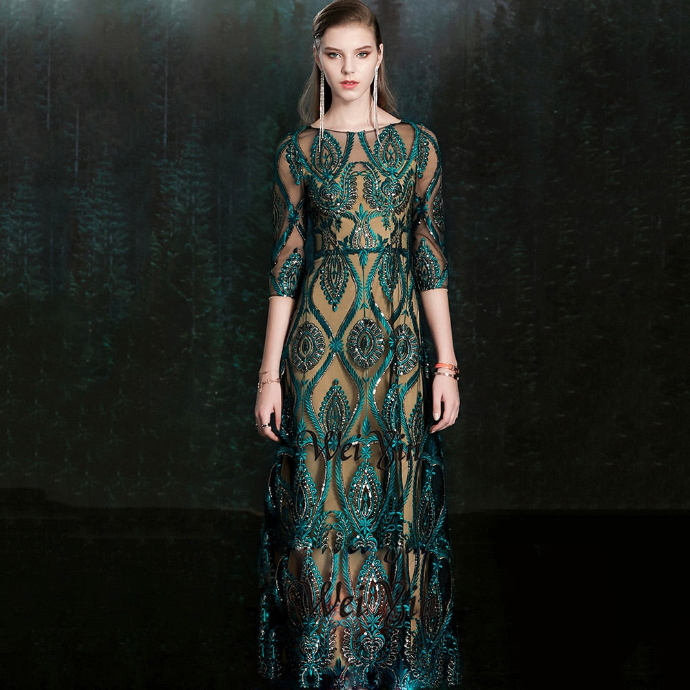 Evening wear Dresses: Green Evening Dress Vintage Sequins Appliques