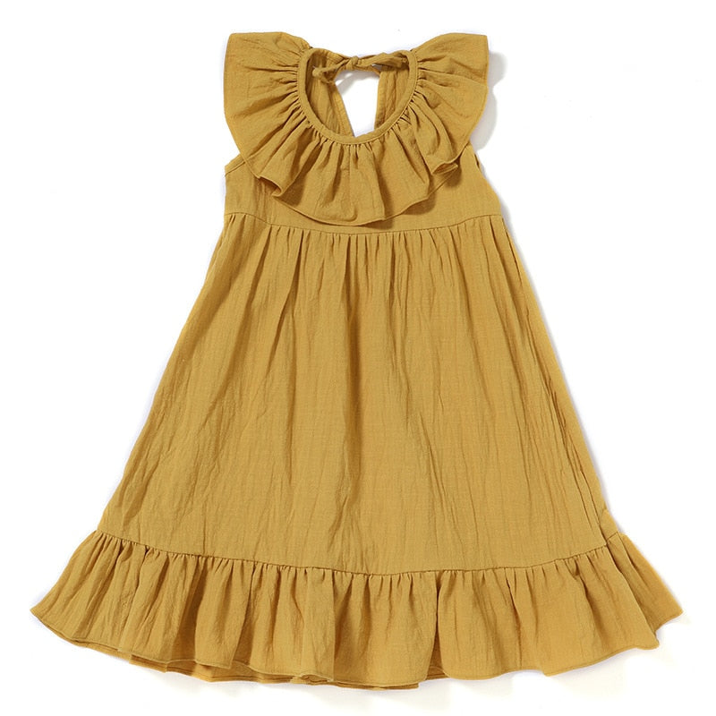 Girls Dress Summer Solid Color Cotton Linen Ruffles A-Line Princess Long Dresses