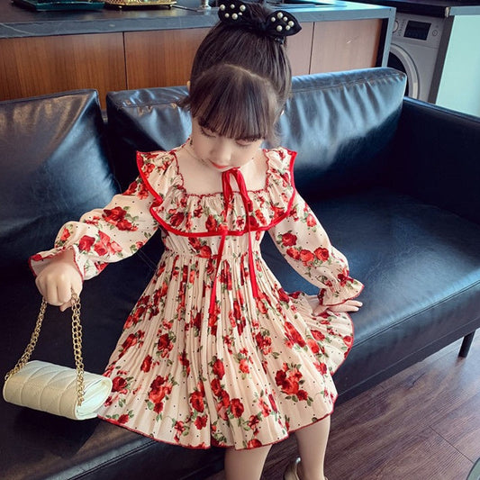 Girls Chiffon Floral Dress Autumn Spring Children Clothing European