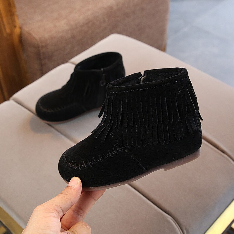 Fringes Girls Ankle Boots Princess Sweet Red Pink Black Flock Fabric Warm Rubber